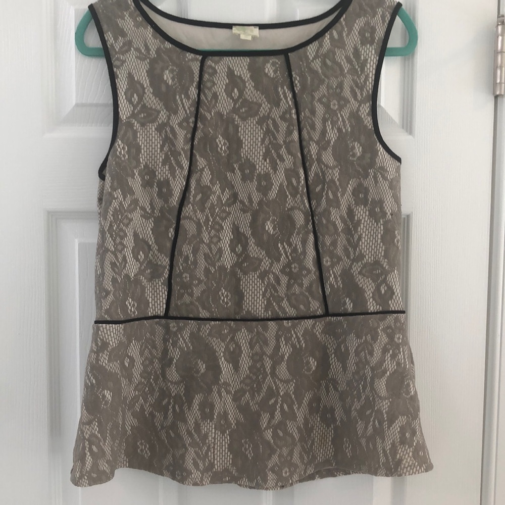 Anthropologie Taupe Lace Overlay Sleeveless Top with Black Trim